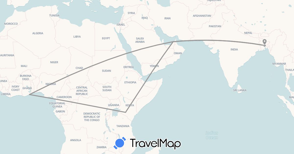 TravelMap itinerary: plane in United Arab Emirates, Bangladesh, Ghana, Kenya (Africa, Asia)